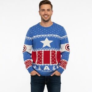 Marvel Captain America First Avenger Ugly Christmas Sweater Blue and Red Holiday